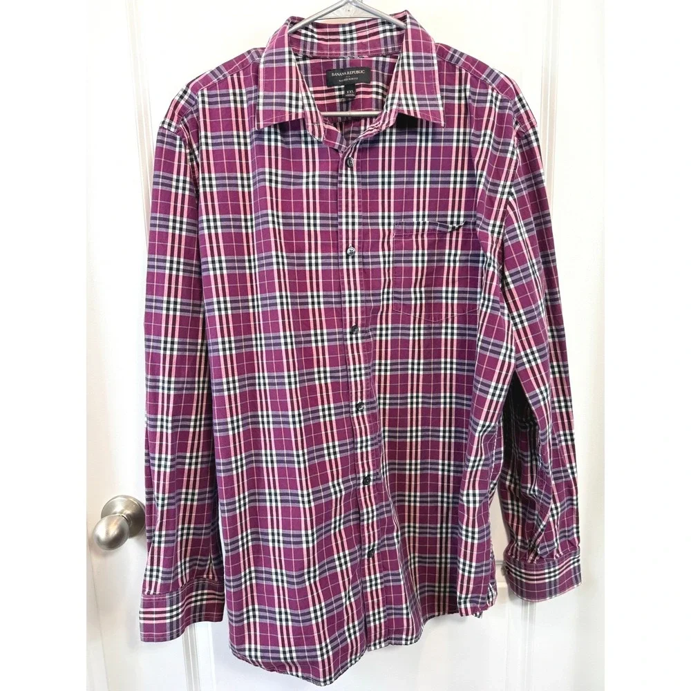Banana Republic Mens‎ XXL Tailored Slim Fit Plaid Button Down Shirt Cotton